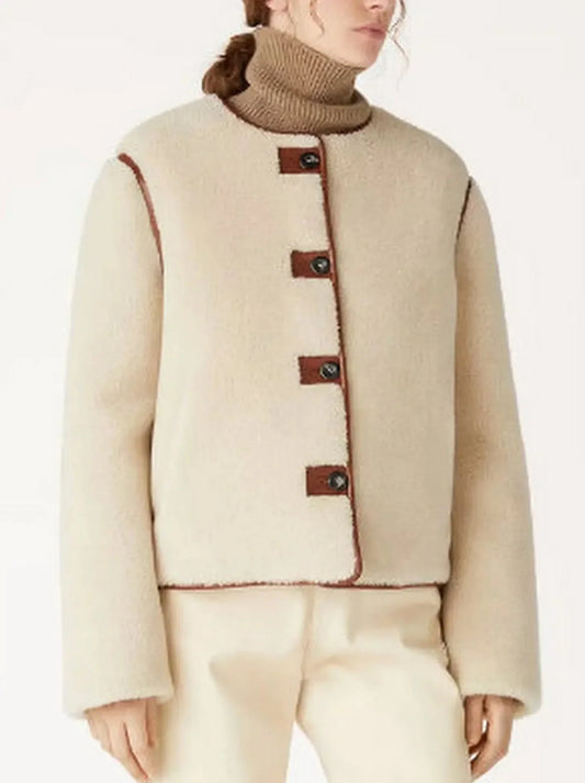Shearling Jacket with Leather Tabs and Trim - Jackets
