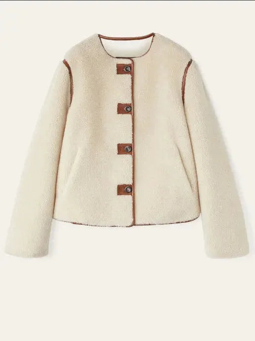 Shearling Jacket with Leather Tabs and Trim - Jackets