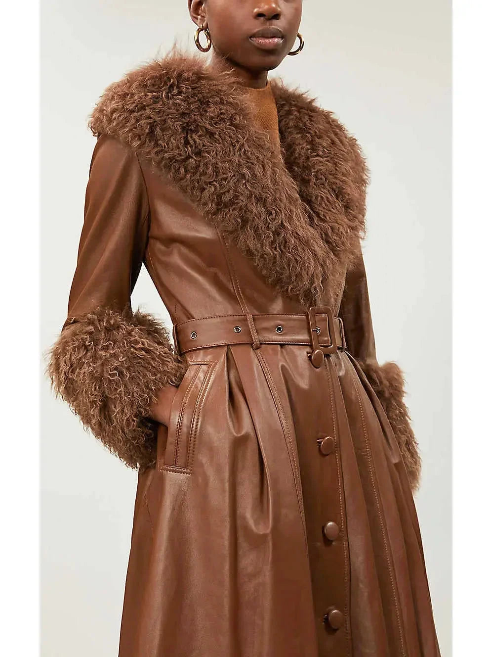 Shearling-Trim Leather Coat Brown - Coats