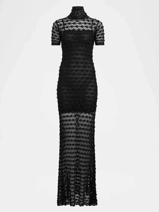 Black sheer knit mock-neck lace gown with under slip for elegant styling