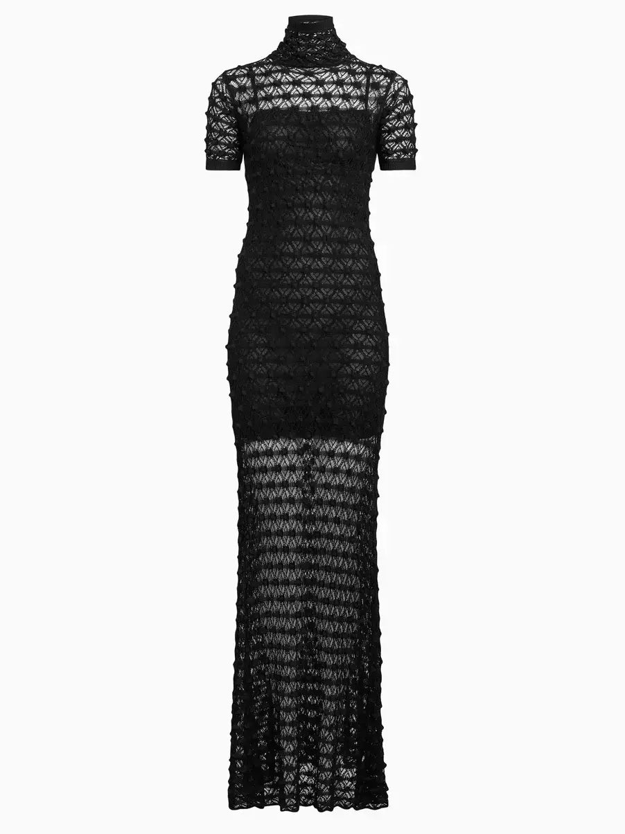 Sheer Knit Mock-Neck Lace Gown with Under Slip in elegant black lace design