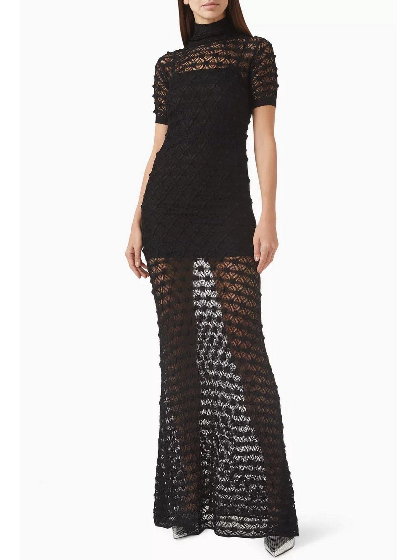 Black semi-sheer floor-length Sheer Knit Mock-Neck Lace Gown with Under Slip