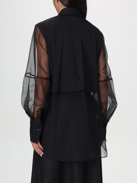 Sheer-Paneled Shirt in Black with Chain Trim - Tops