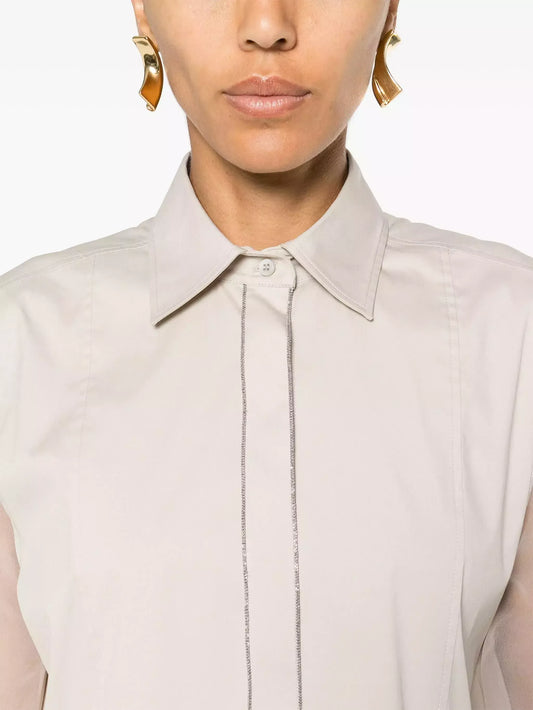 Sheer-Paneled Shirt in Light Beige with Chain Trim - Tops