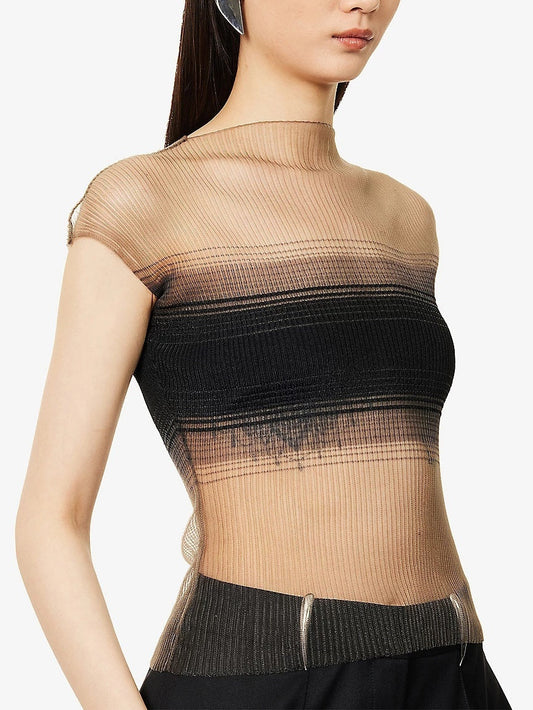 Sheer Ribbed Knit Top - Tops
