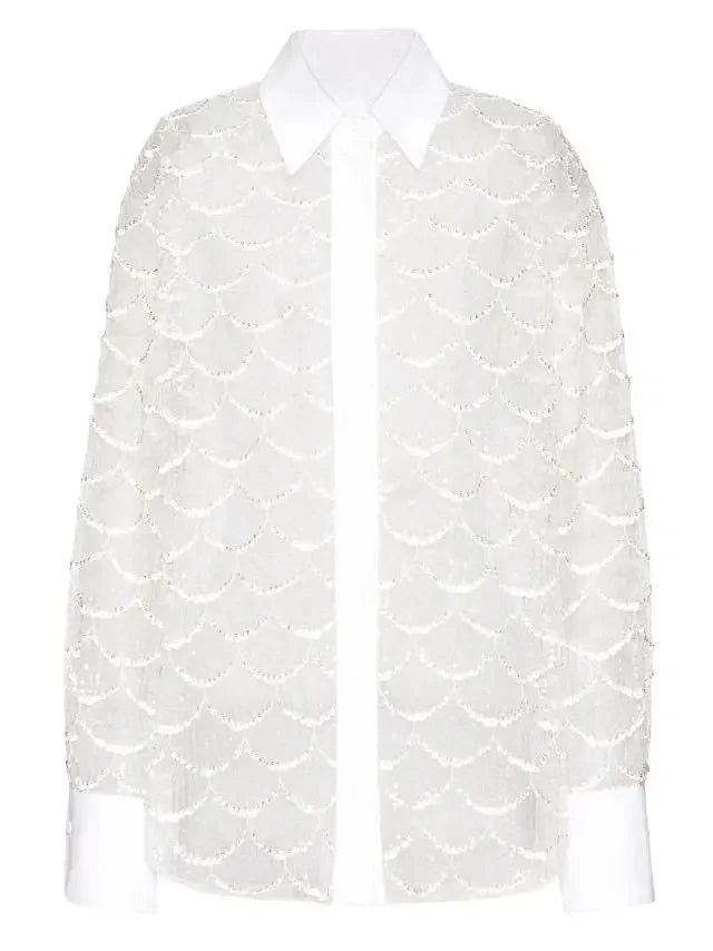 Sheer Sequin-Embellished Shirt in White - Tops