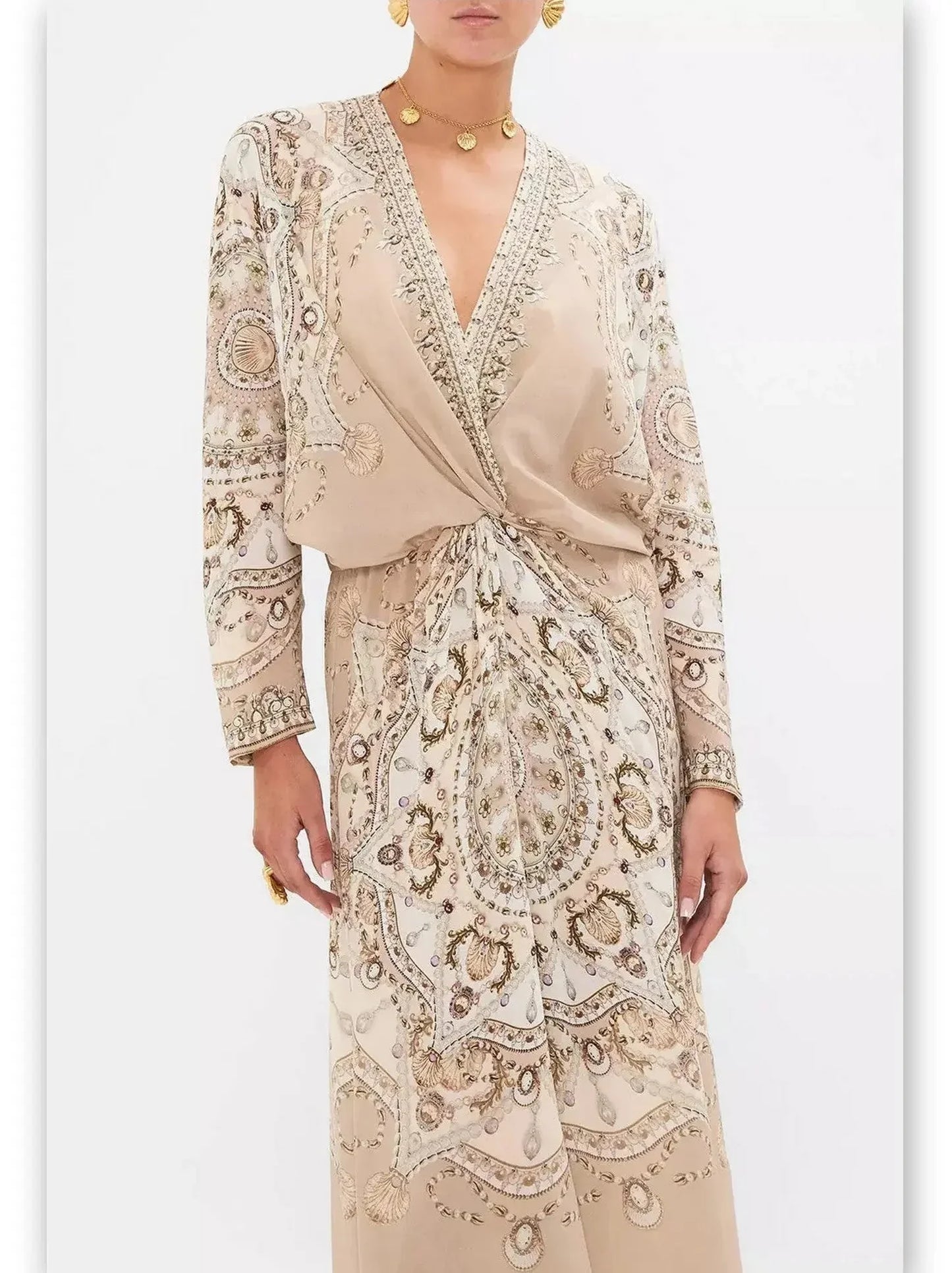 Shell and Pearl Printed Twist Front Silk Batwing Dress - Dresses