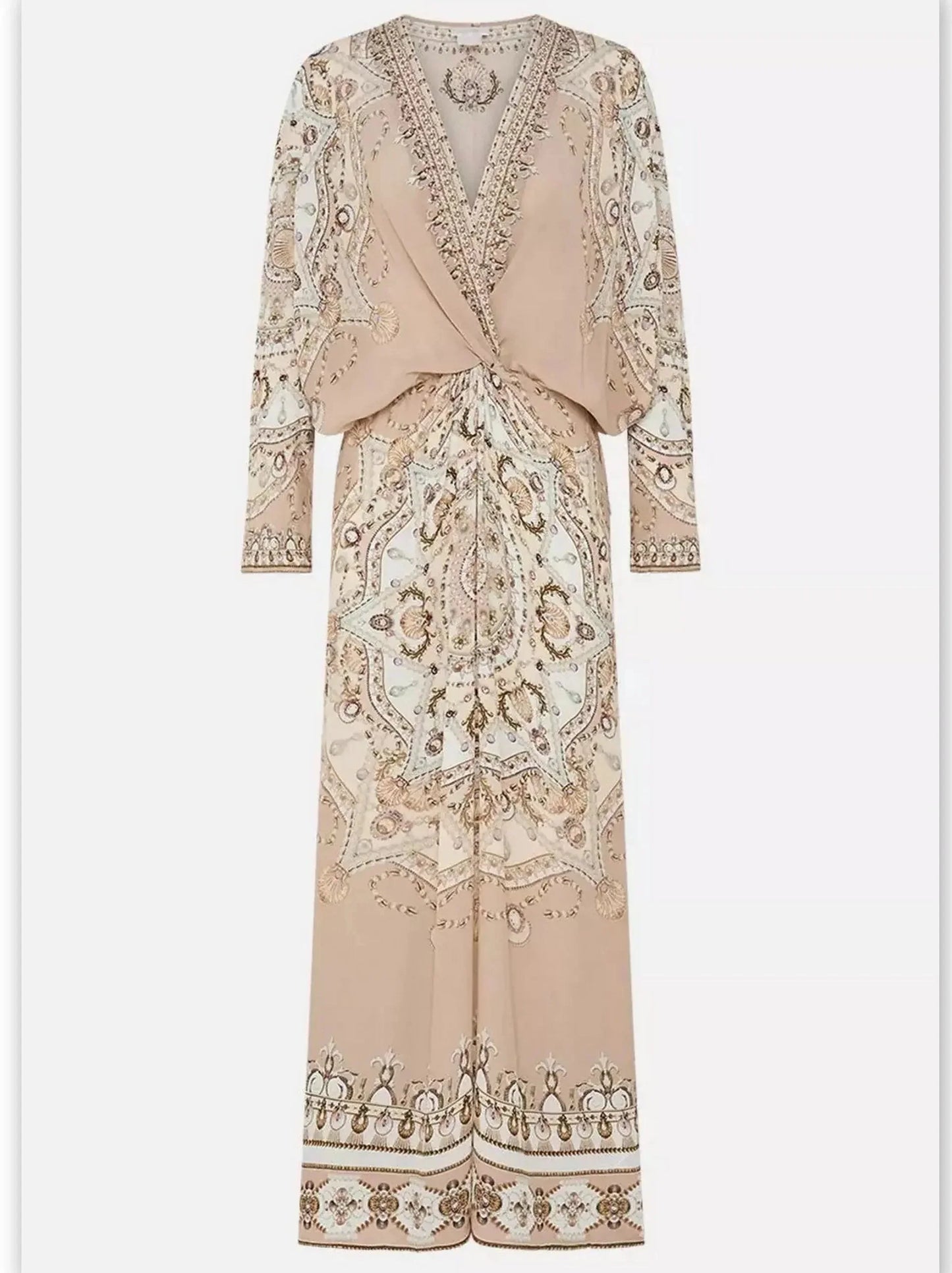 Shell and Pearl Printed Twist Front Silk Batwing Dress - Dresses