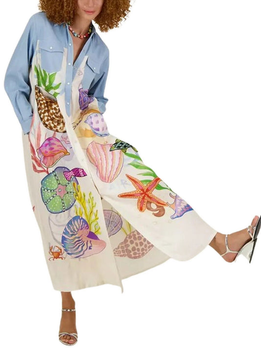 Shell Print Belted Contrasting Long Shirt Dress - Dresses
