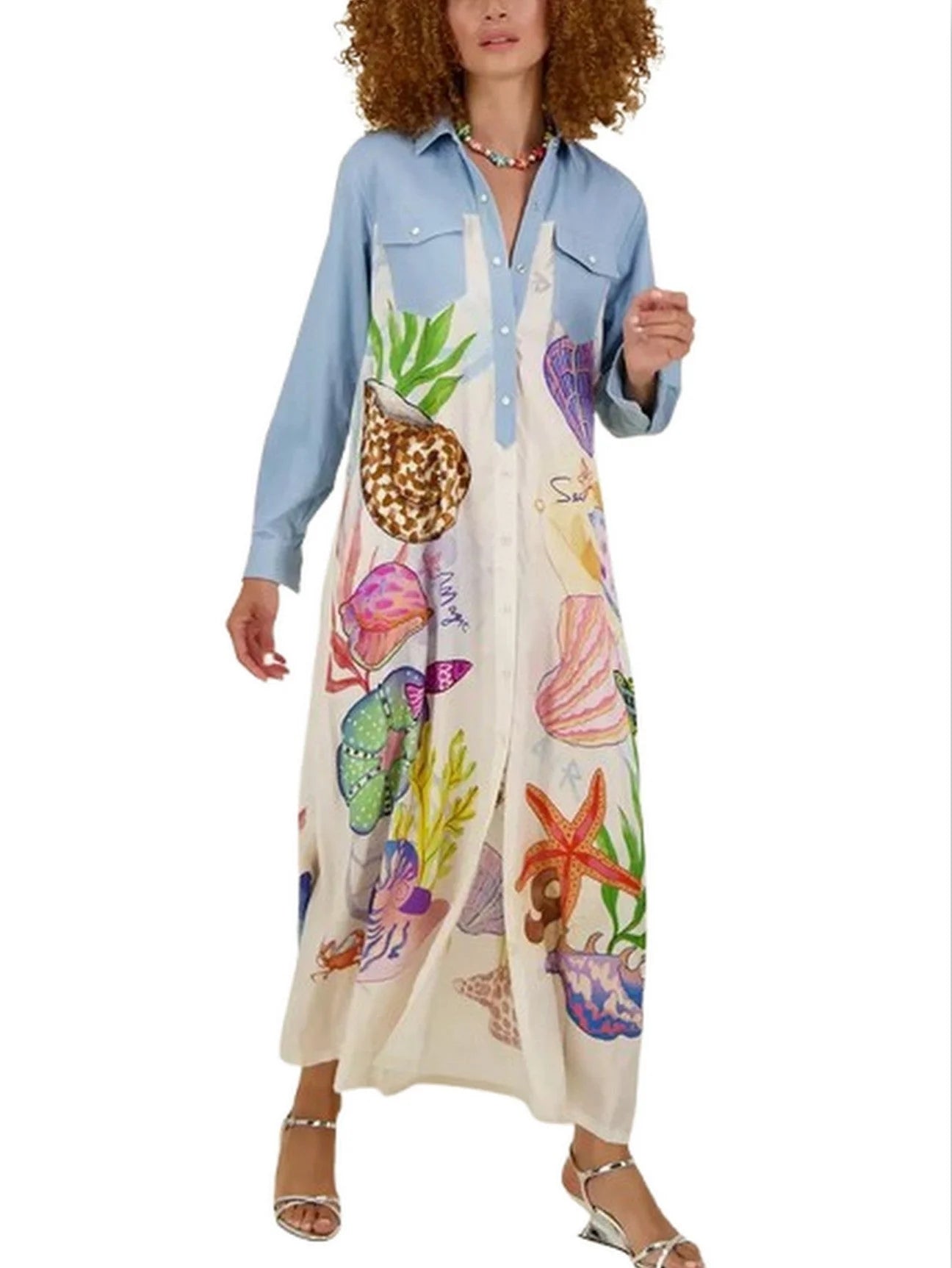 Shell Print Belted Contrasting Long Shirt Dress - Dresses