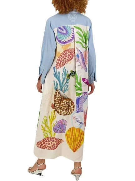 Shell Print Belted Contrasting Long Shirt Dress - Dresses