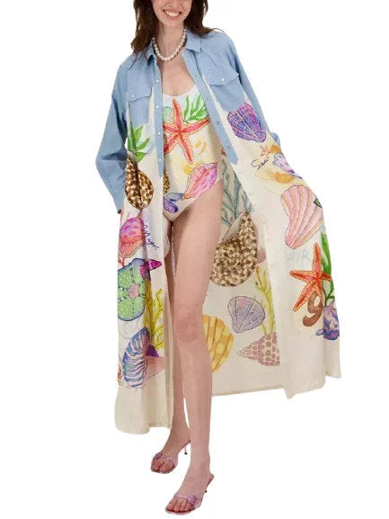 Shell Print Belted Contrasting Long Shirt Dress - Dresses