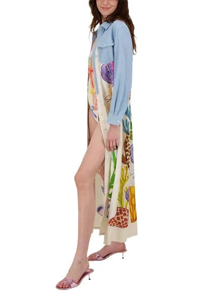 Shell Print Belted Contrasting Long Shirt Dress - Dresses