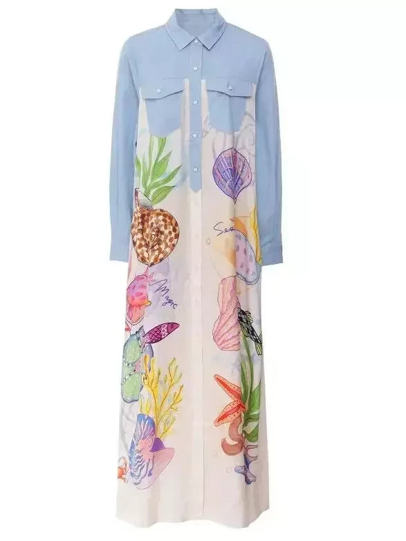 Shell Print Belted Contrasting Long Shirt Dress - S - Dresses