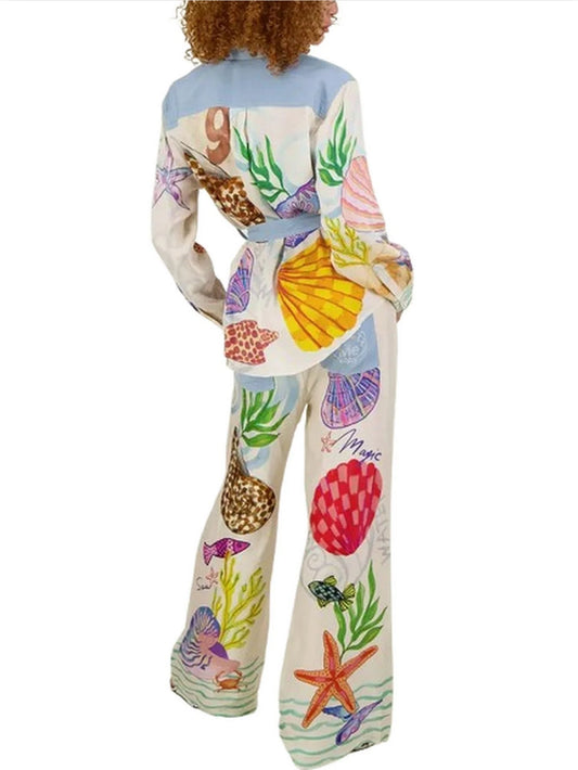 Shell Print Belted Shirt and Pant Set - Suits & Sets