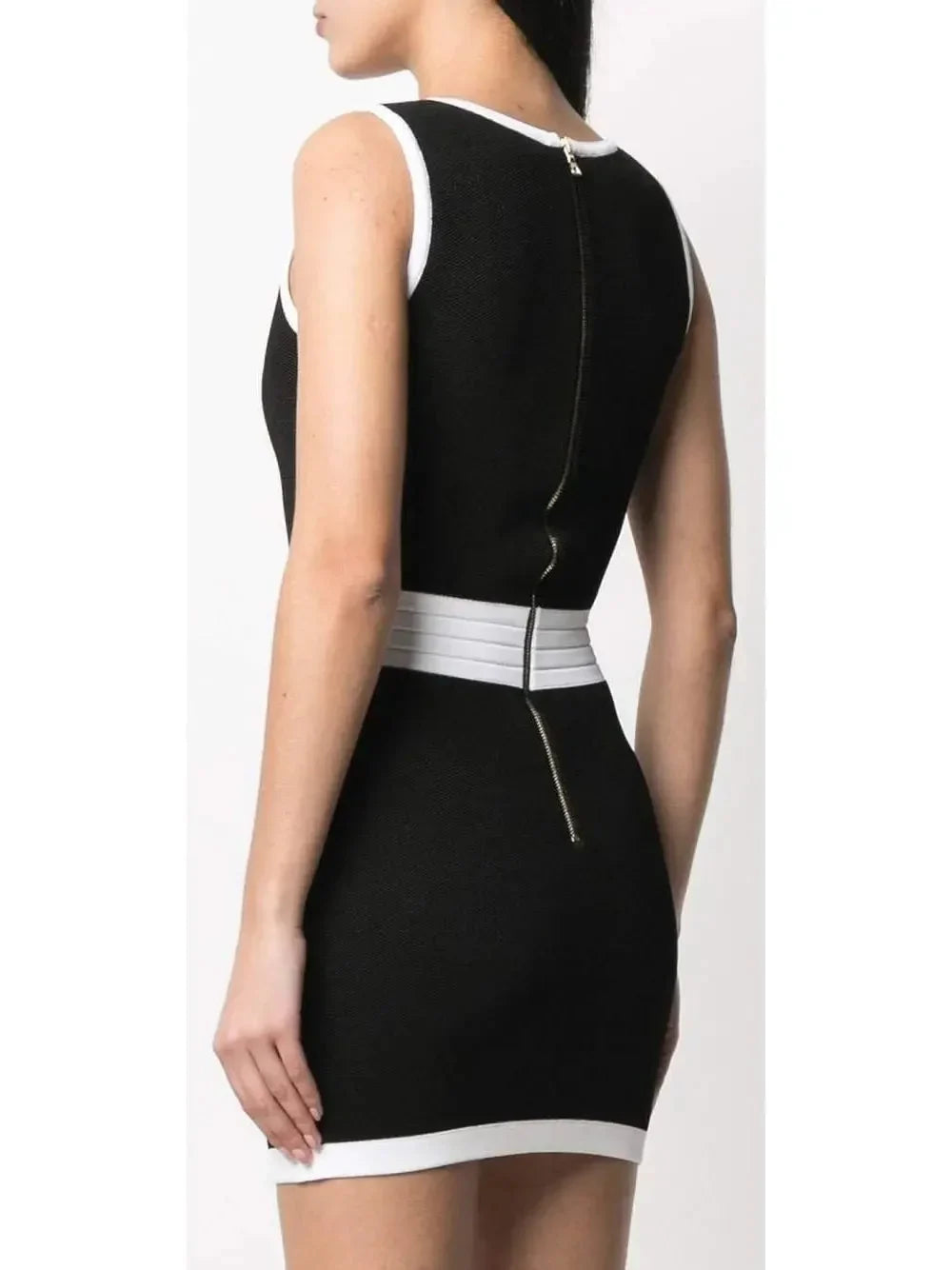 Short Black & White Dress with Embossed Buttons - Dresses