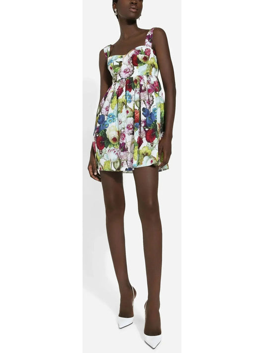 Short Cotton Corset Dress with Nocturnal Flower Print - Dresses