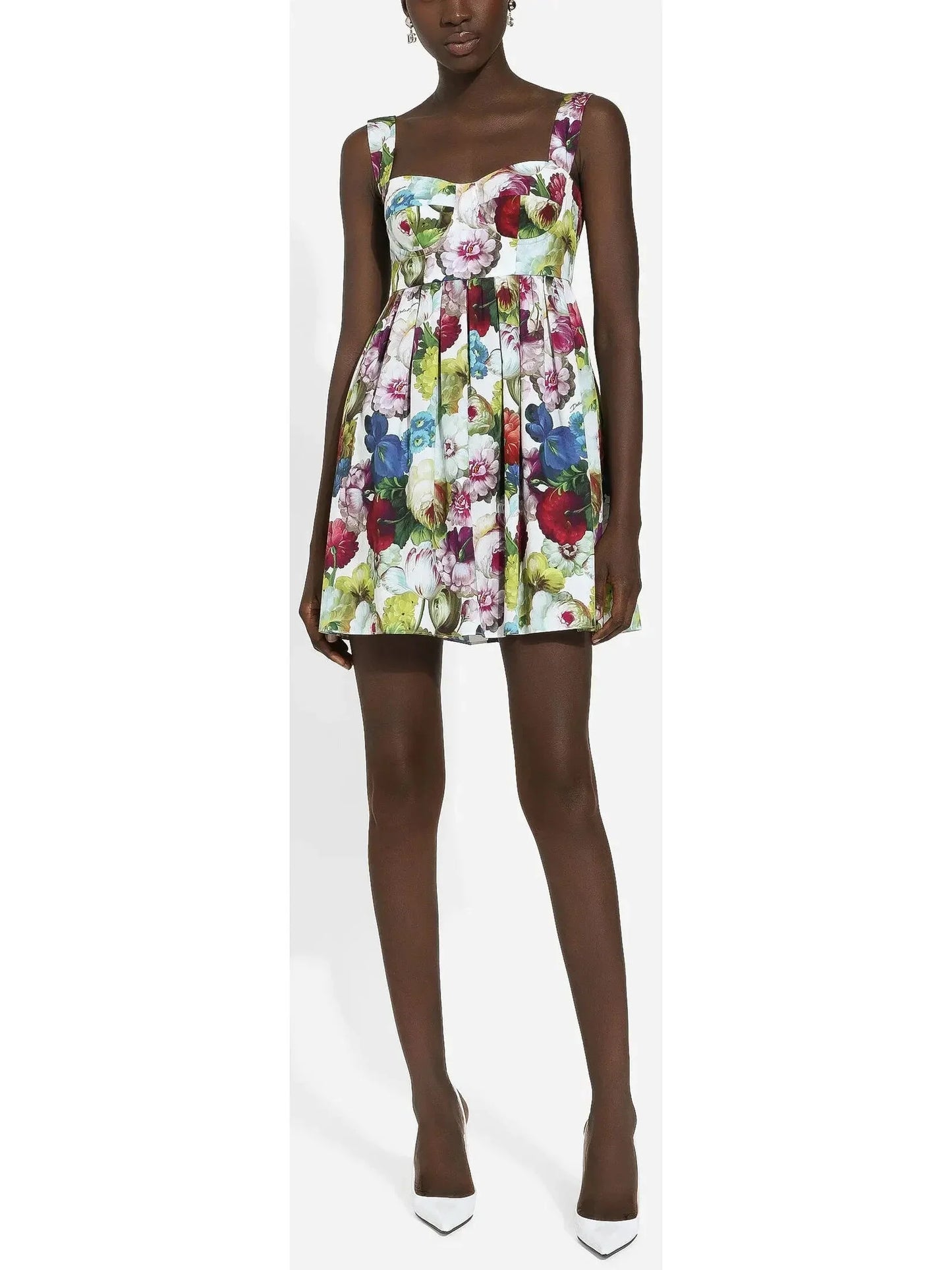 Short Cotton Corset Dress with Nocturnal Flower Print - Dresses