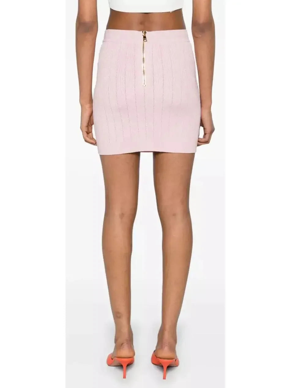 Short Knit Cardigan Top and Skirt Set in Pink with Gold Buttons - Suits & Sets