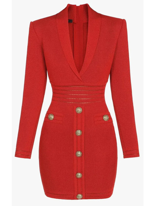 Short Knit Dress with Gold-Tone Buttons Red - Dresses