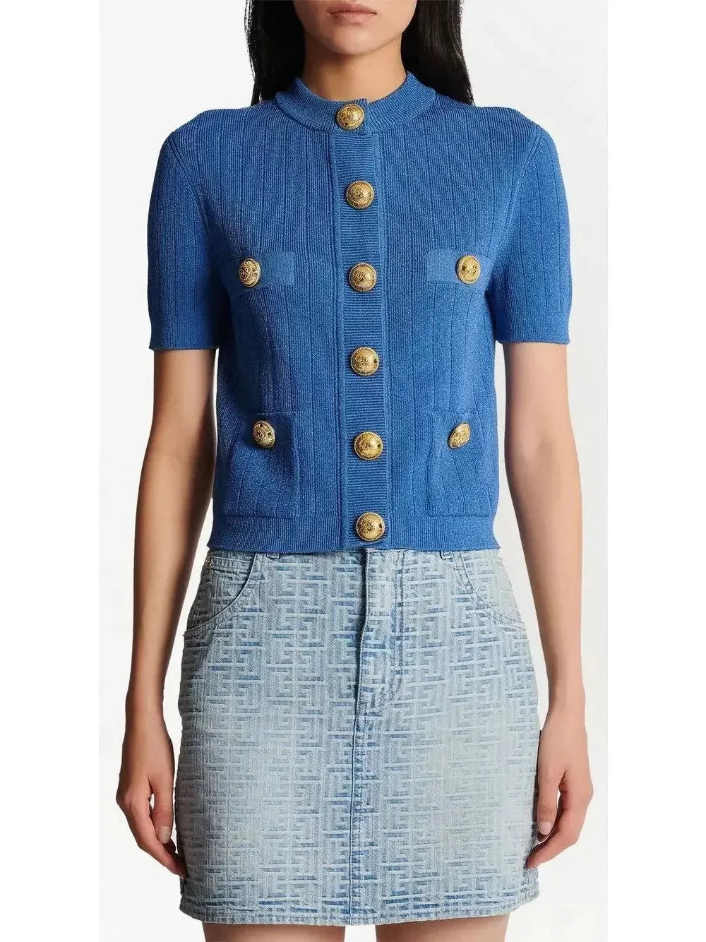 Short-Sleeve Cropped Knit Cardigan in Blue - Sweaters & Knitwear