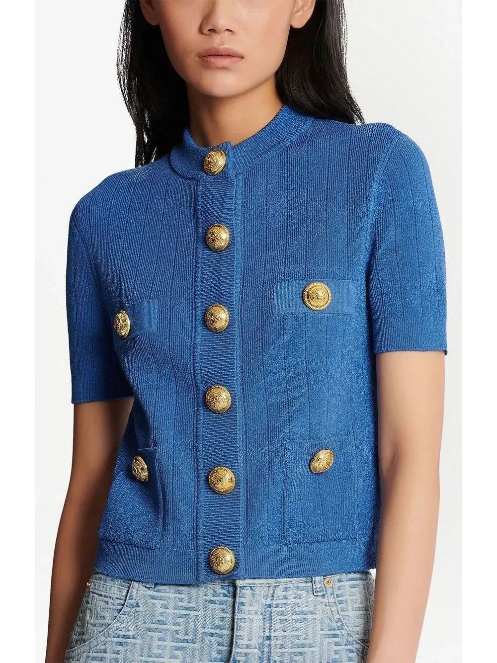 Short-Sleeve Cropped Knit Cardigan in Blue - Sweaters & Knitwear