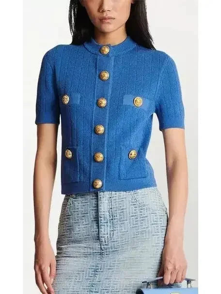 Short-Sleeve Cropped Knit Cardigan in Blue - Sweaters & Knitwear
