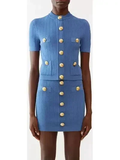 Short-Sleeve Cropped Knit Cardigan in Blue - Sweaters & Knitwear