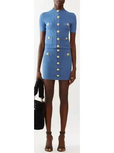 Short-Sleeve Cropped Knit Cardigan in Blue - Sweaters & Knitwear