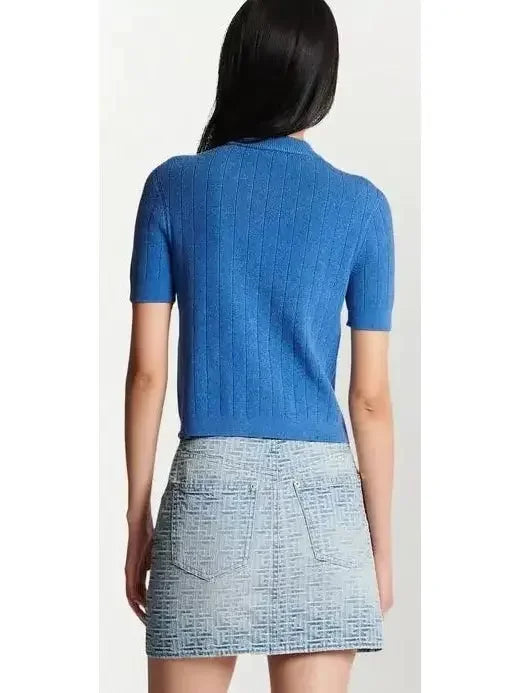 Short-Sleeve Cropped Knit Cardigan in Blue - Sweaters & Knitwear