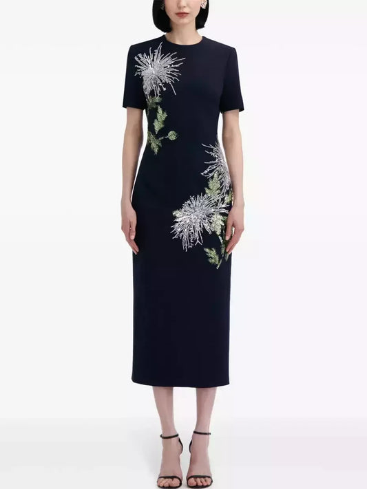 Short-Sleeve Navy Midi Dress with Sequined Dandelions - Dresses