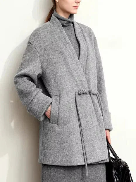 Short Wrap Coat with Decorative Front Tie in Gray - Coats