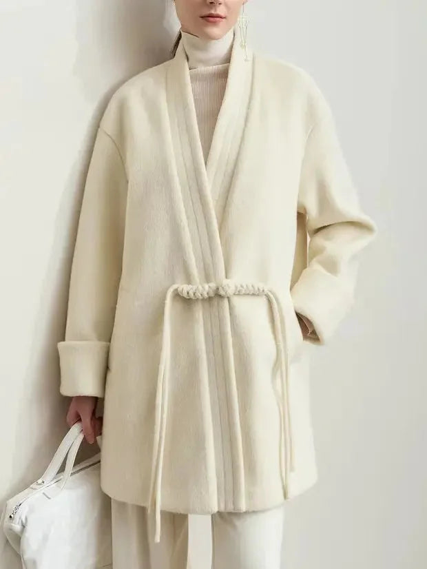 Short Wrap Coat with Decorative Front Tie in Ivory - Coats