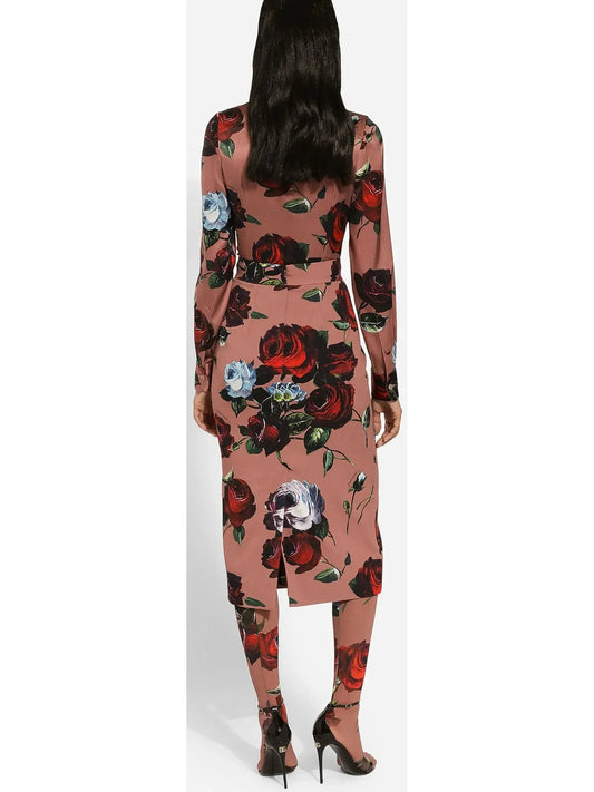 Silk Charmeuse Calf-Length Skirt with Vintage Rose Print - Skirts