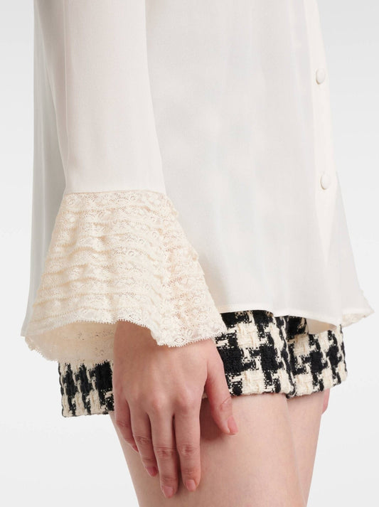 Silk Georgette Ivory Blouse with Ruffle Trims - Tops