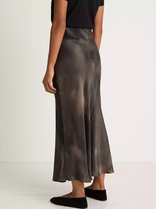 Olive green satin midi skirt from the Silk Sand-Washed Long Skirt collection