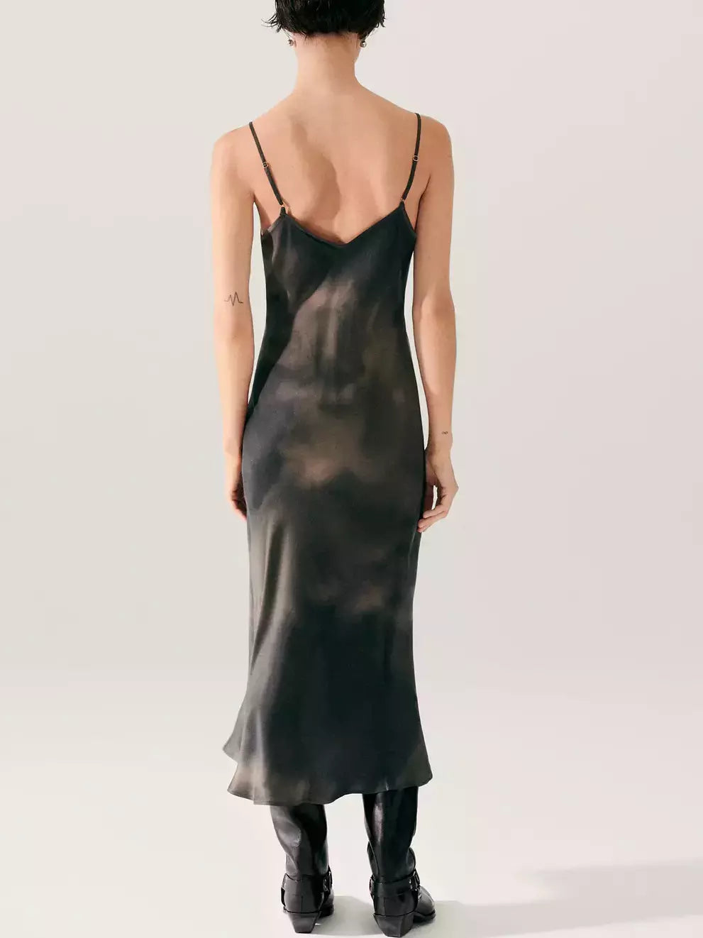 Sleeveless Silk Sand-Washed Midi Slip Dress in vibrant tie-dye pattern for summer style