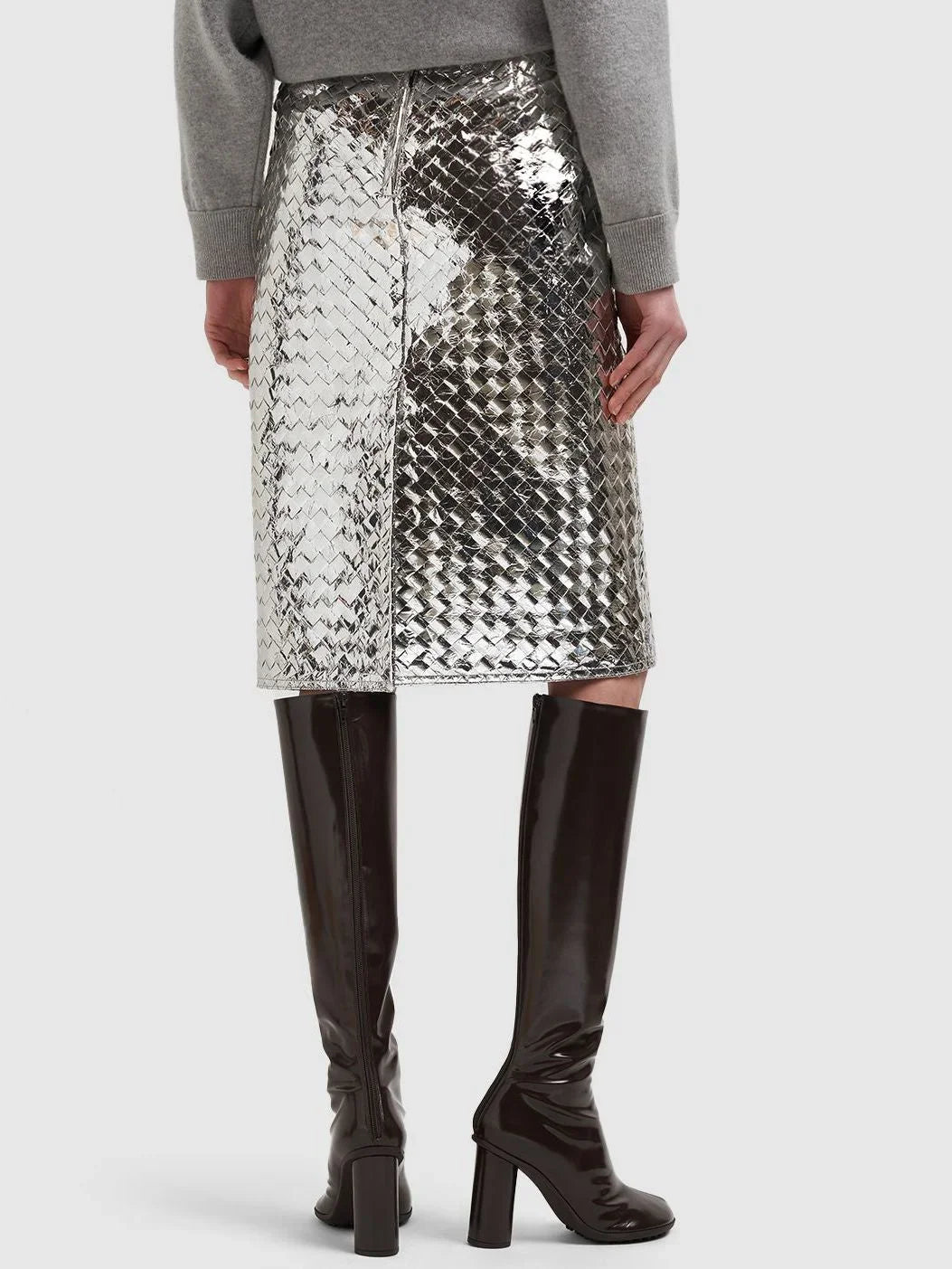 Silver Metallic Woven Leather Skirt - Skirts