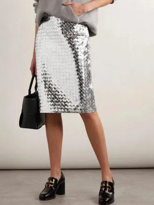 Silver Metallic Woven Leather Skirt - Skirts