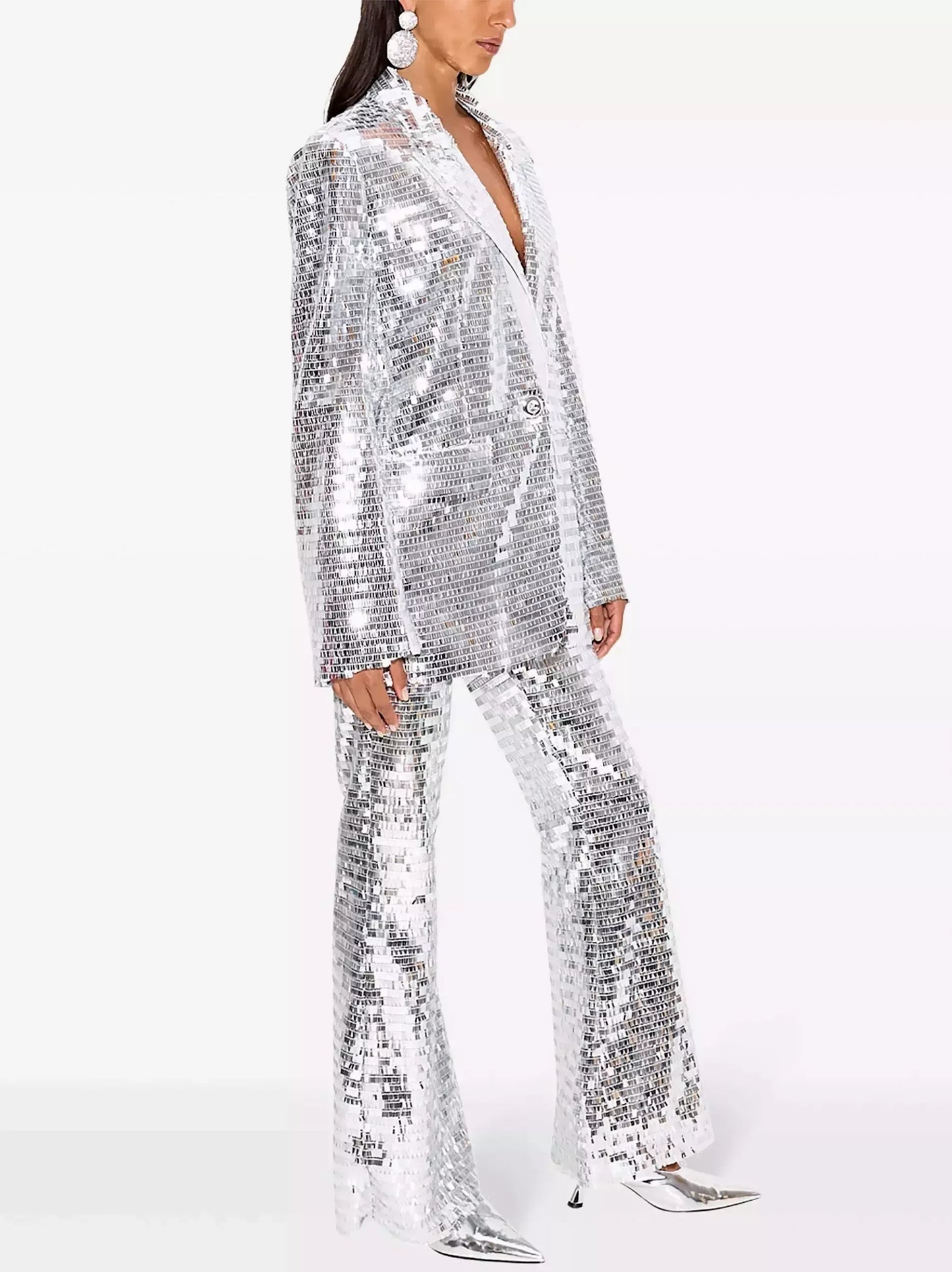 Silver Sequin Blazer and Flared-Leg Pant Suit - Suits & Sets