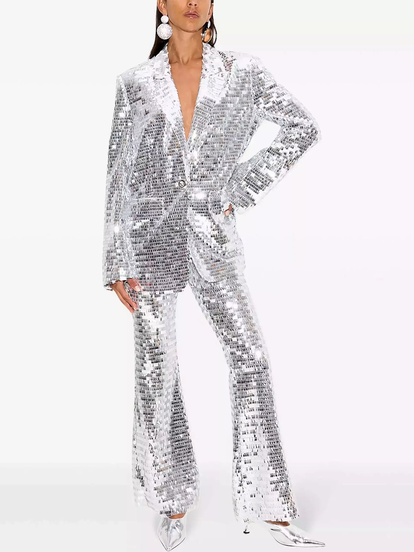 Silver Sequin Blazer and Flared-Leg Pant Suit - Suits & Sets