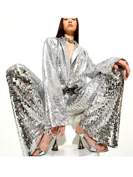 Silver Sequin Blazer and Flared-Leg Pant Suit - Suits & Sets