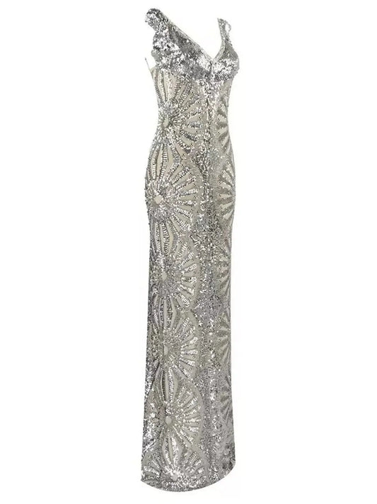 Silver Sequin-Embellished Evening Gown - Dresses