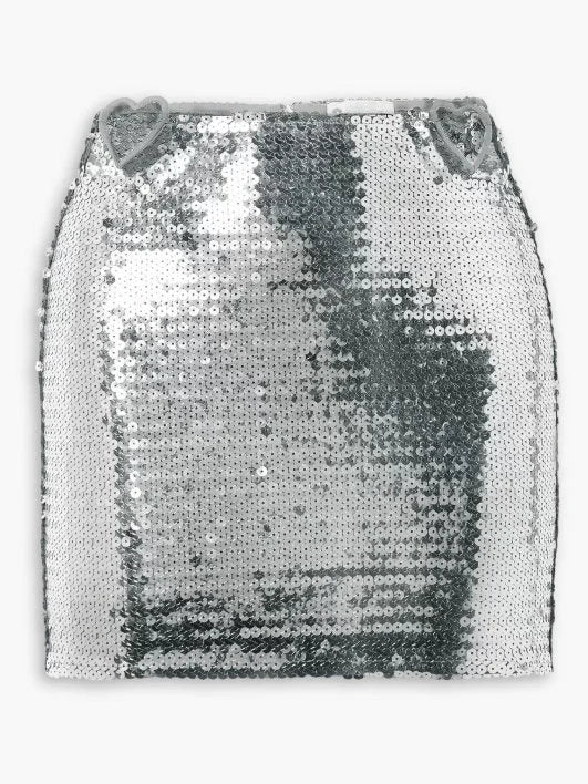Silver Sequin-Embellished Mini Skirt with Heart Appliques - Skirts