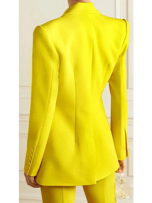 Single-Breasted Blazer and Flared Pant Suit Bright Yellow - Suits & Sets