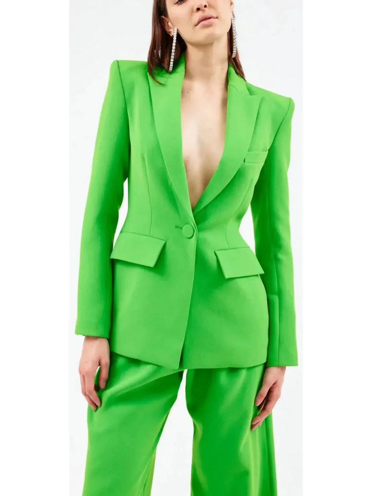 Single-Breasted Blazer and Flared Pant Suit Green - Suits & Sets