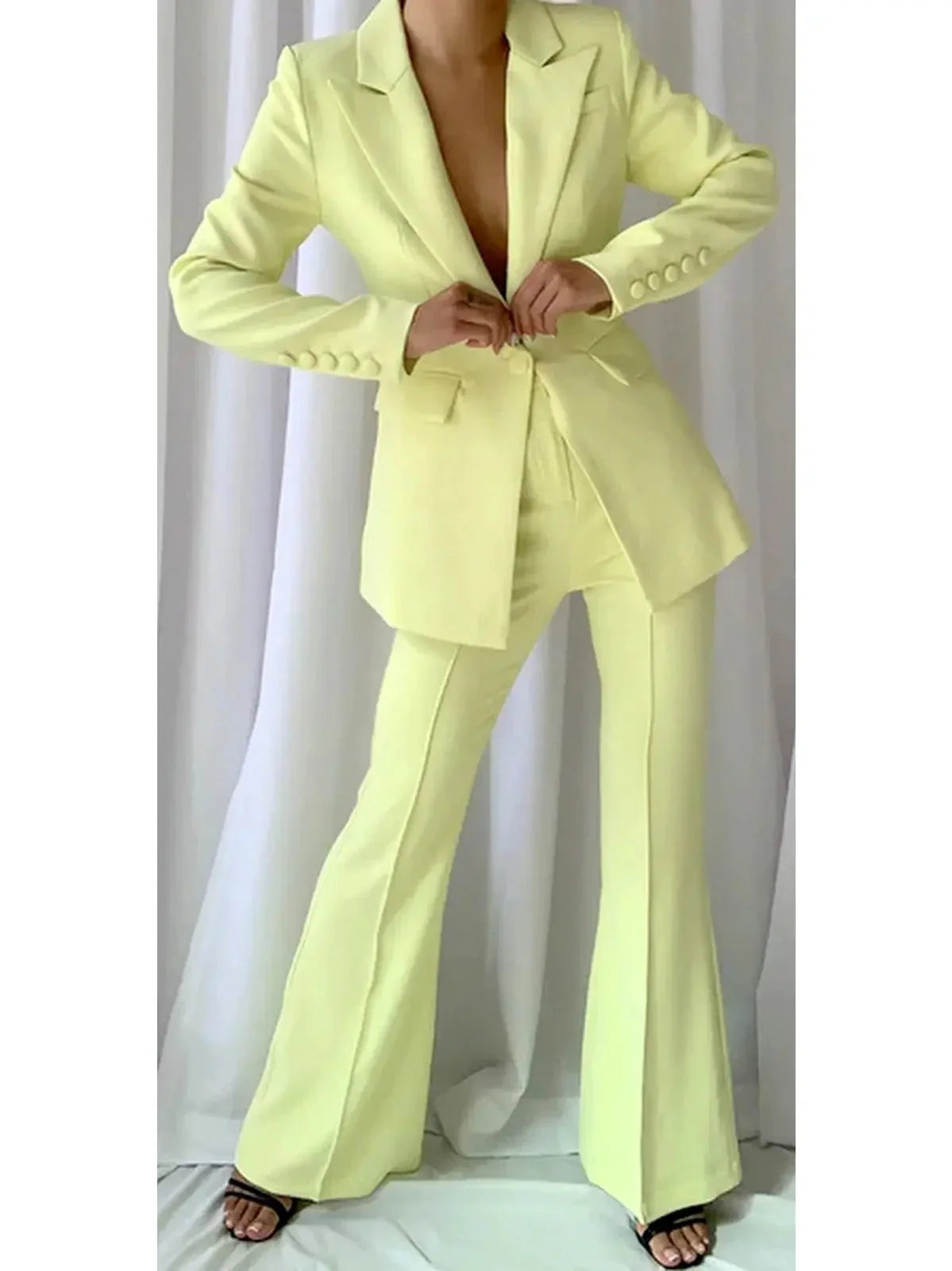 Single-Breasted Blazer and Flared Pant Suit Pale Yellow - Suits & Sets