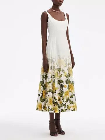 Sleeveless Fading Floral Print Midi Dress - Dresses