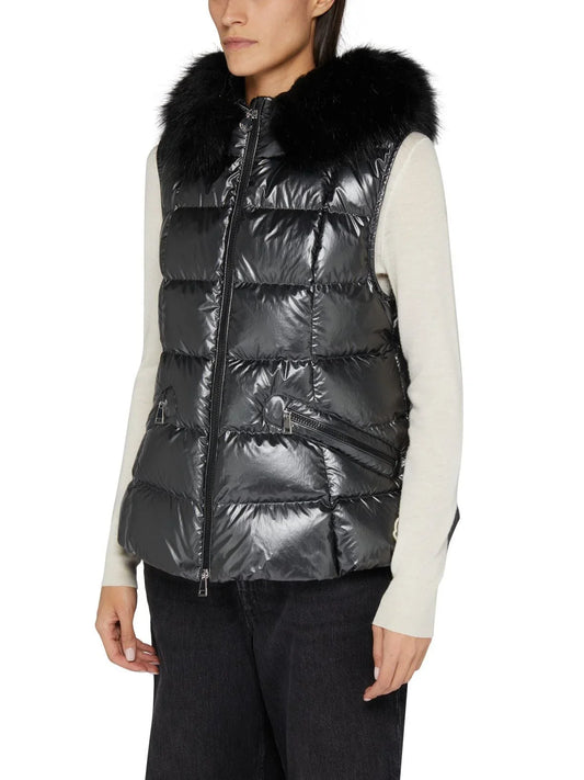 Sleeveless Puffer Down Jacket with Fur Hood in Black - Jackets