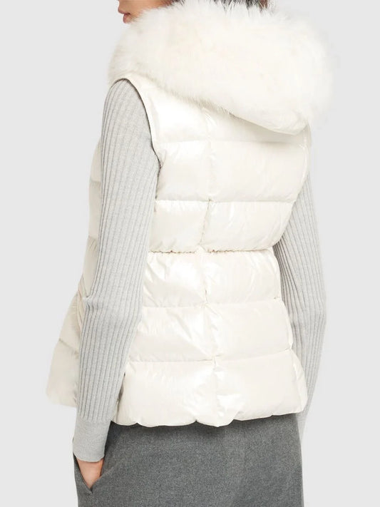 Sleeveless Puffer Down Jacket with Fur Hood in White - Jackets